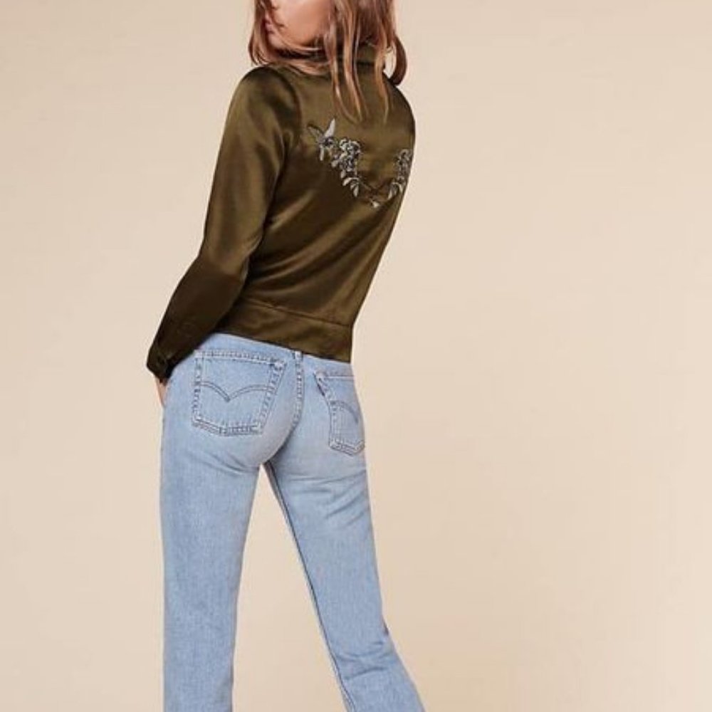 Reformation Kodiak Bomber Jacket Olive Green Embroidery XS EUC
